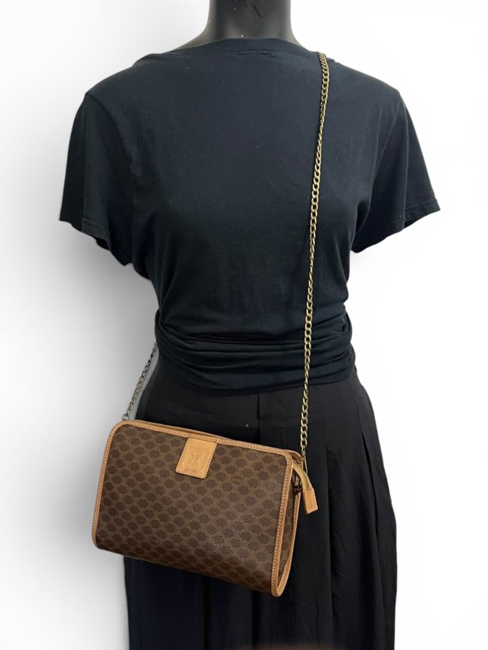 Celine Brown Macadam Canvas Leather Chain Shoulder Bag Vintage Made In Italy
